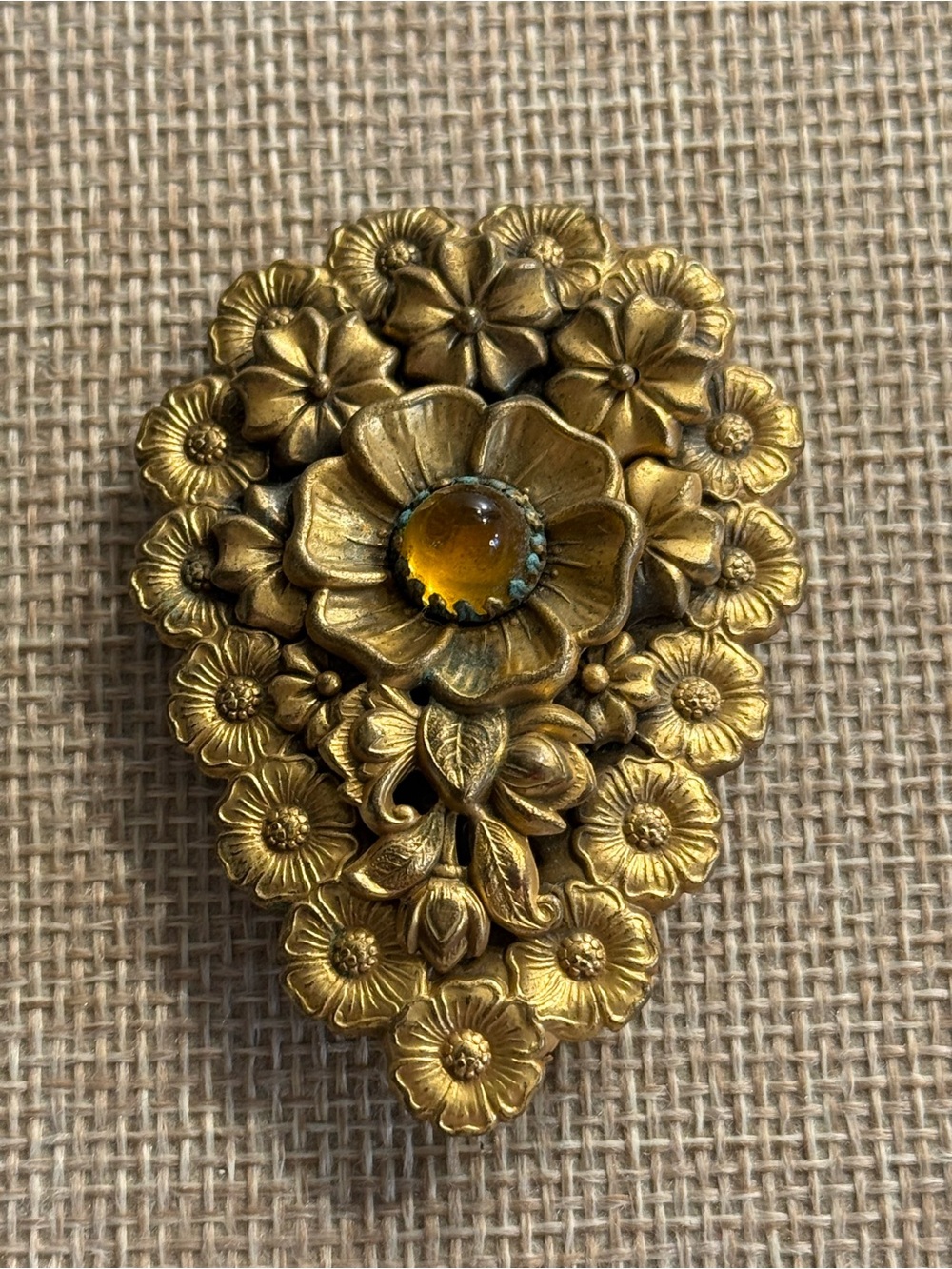 Vintage Gold Tone Floral Dress /Fur Clip with Amber Cabochon & Pansy Accents